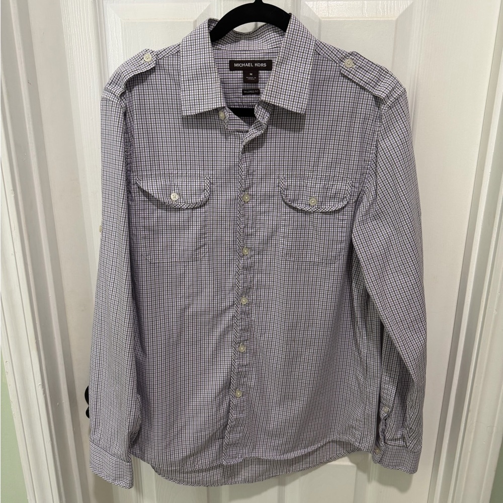Michael Kors Men's Light Purple and White Checked Button-Down Shirt Tailored Fit